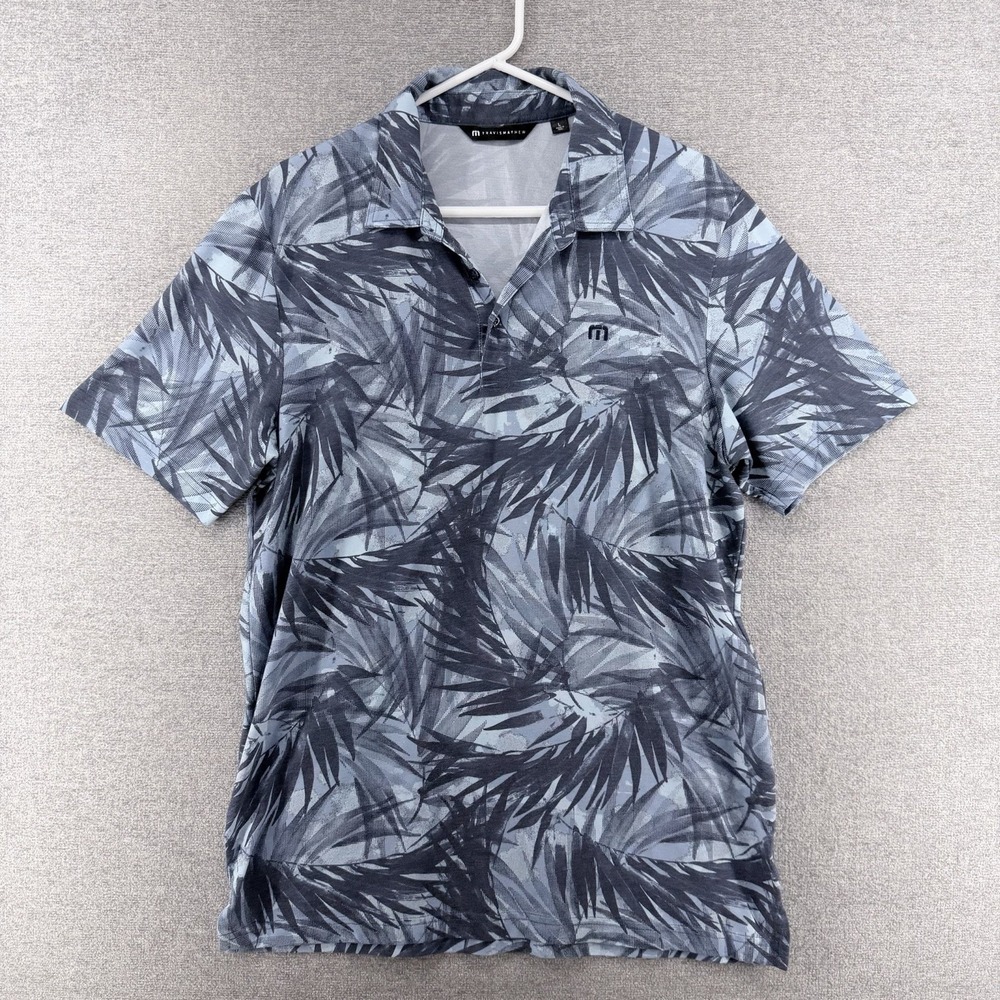 Travis Mathew Golf Polo Shirt Men Size Large Blue Black Palm Leaf Print